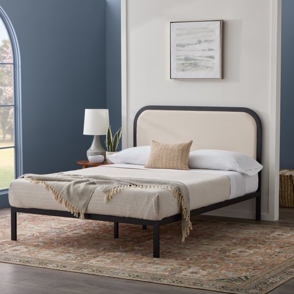 Rounded Upholstered Headboard with Metal Platform Frame.